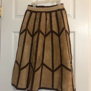 Vintage Suede A-Line Midi Skirt in Tan and Dark Brown Small